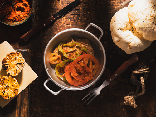 Mayar Buftake - Fried Steak With Armenian Spices, Sliced Onions, Green Capsicum & Tomatoes.