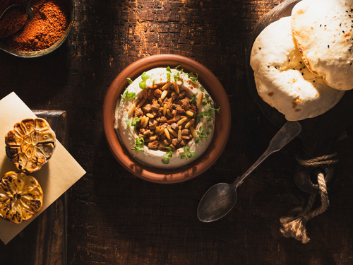 Hummus with Meat and Pines - Hummus Tahina with Small Pieces of Fried Meat & Pine.