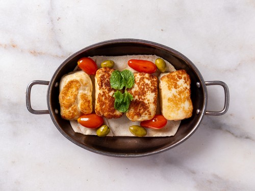 Mayar Halloumi - Fried Cheese  Halloumi  with Fresh Cherry Tomato and Olives with Wild Zaatar.