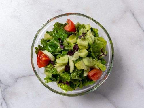 Season Salad - Seasonal Mountain Vegetables Salad: Lettuce, Cucumber,Tomatoes, Lemon, and Olive Oil.