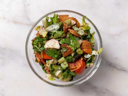 Mayar Restaurant - Fattoush - Fresh Mixture ofVegetables: Lettuce, Tomatoes, Watercress, Mint, Green Capsicumwith Zaatar, fried Bread With Home Apple Cider Vinegar, and Olive Oil And Lemon.