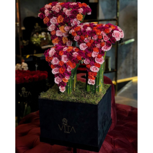 Afragola - large Black box with 3 towers arrangements contains mixed baby roses colors and other kind of flowers  H:75 CM W: 35