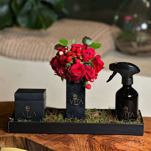 With love - Black tray contains red roses , spray perfume with box of chocolate  H : 15 W : 30