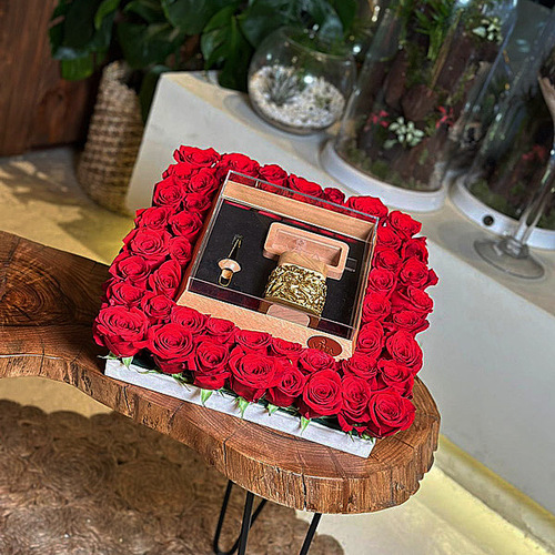 Viole - Tray contains red roses and middle box with burner, charcoal handle and bakhor box H : 12 W : 35