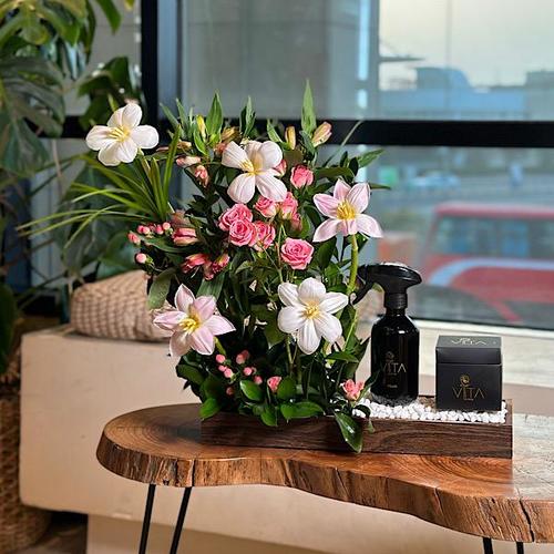 look - A wooden tray that contains pink , white tulip, hypericum pink baby roses pink astomeriya pink ruscus leaves with spray perfume and a box of chocolates. Height: 35 Width: 30