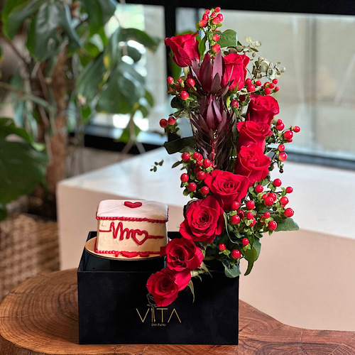 Unique Bouquet - Black box contains red roses, safari sunset and hypericum with valentine's day cake. Height: 50 Width: 20