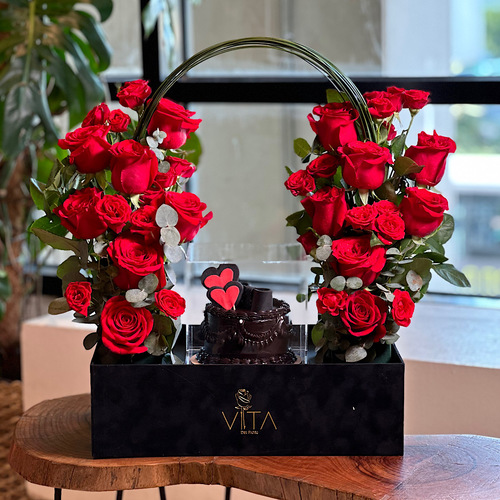 Passionate Lovely - Black box contains red roses and baby roses red green leaves with a love day cake. Height: 50 Width: 35