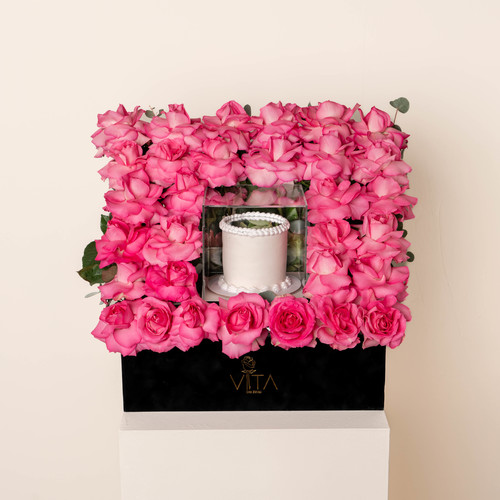 Tokyo - A black box that contains pink roses with a cake. Height: 60 Width: 40