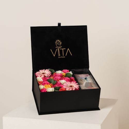 Vita Dei Fiori - floz - Black box contains mixed flowers with side money  H 15  W20