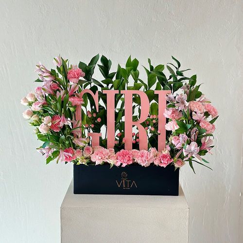 Eirlys - A black box  contains baby roses pink carnations pink astomeriya pink, Hypericum pink ruscus green acrylic stand girl new born Height: 50 Width: 35