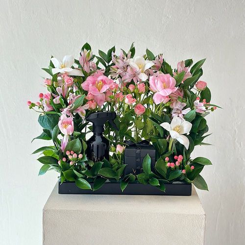 ema - A black try that contains pink, white tulip, hypericum pink baby roses pink astomeriya pink ruscus leaves with spray perfume and a box of chocolates. Height: 35 Width: 30