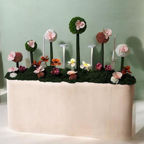 falgun - Reception arrangements containing 1.80 CM sweet table , 1 meter center peace , two pcs side arrangement and 4 pcs of small floral arrangements type of flowers (santini white, santini peach,santini green, tulips white, tulips peach, cymbidium purple,cut Flower pink) Note : not include stand, candlelight, and lightt