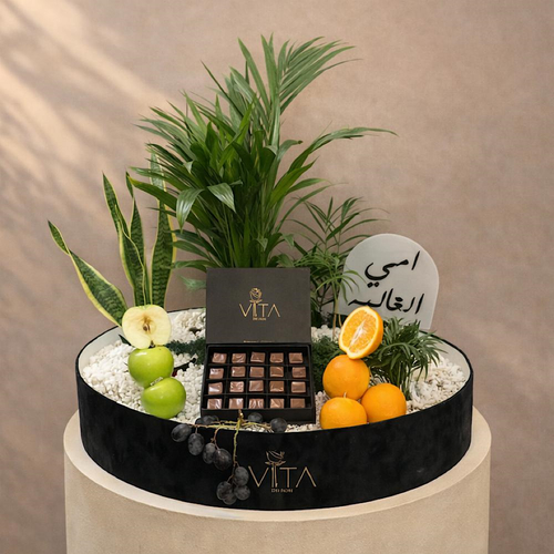 Mom Royale - A round box that contains a snake plant, butterfly palm, parlor palm with a topper. Height: 50 cm Width: 40 cm