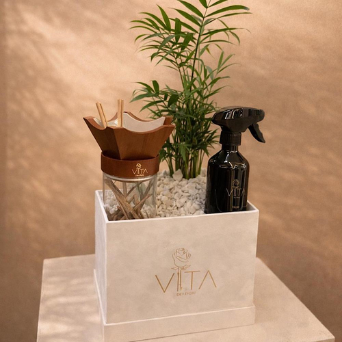 Fernly - A box featuring snake plant with mubkhar with an empty space down to place the bakour. 
 Height: 50 Width: 20