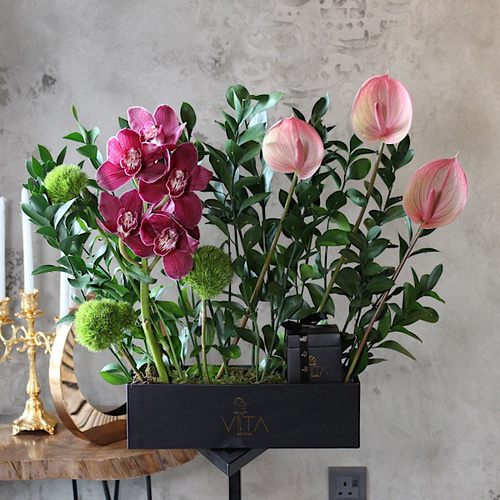 Flabs - Black box contains purple cymbidium, pink anthurium and greens with box of chocolates. H : 60 W : 40