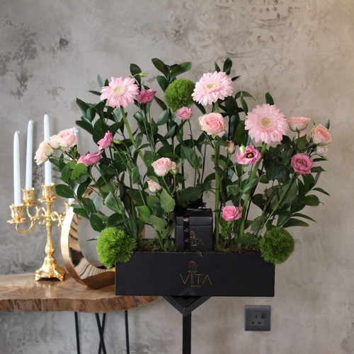 Ankle - Black box contains pink gerbera, pink baby roses and greens with box of chocolates. H : 55 W : 40