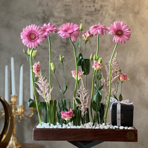 Butterfly - WOODEN TRAY CONTAINS MIXED FLOWERS AND BOX OF CHCOLATE  
 H: 55 
 W: 40