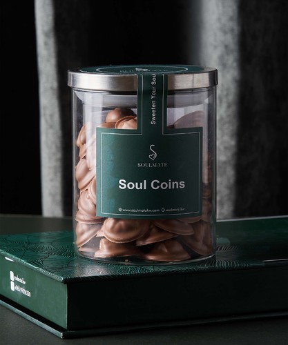 Soul Coin - A medium sized cup containing 60 pieces of real Belgian milk chocolate coated pecan nuts with yet another chocolate base giving a crunchy effect in every bite.