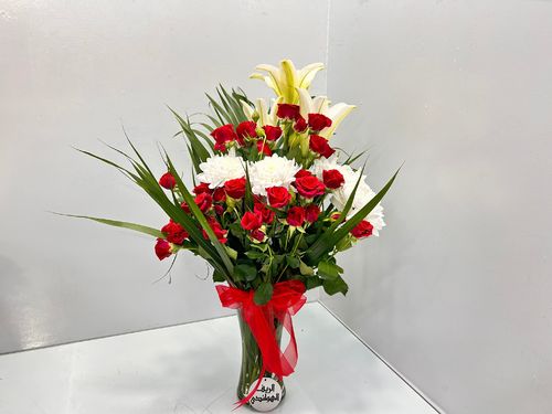 Love 2 - glass vase with red baby roses, cherries,
  limes, and mixed vegetables, approximately 40*20