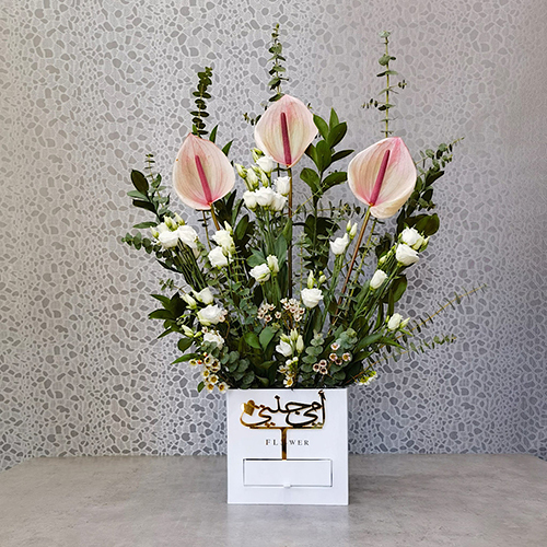 Mother Box - Height: 70 cm
Width: 50 cm

This box contains anthurium flowers and lisianthus with chocolates.