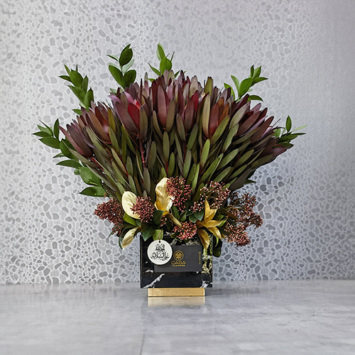 Casa Event Flowers - Meona Red - Height: 40 cm
Width: 40 cm 
This box contains safari sunset and skimmia.