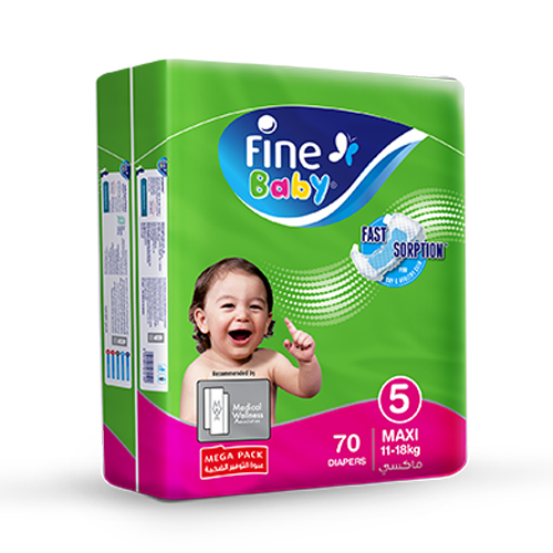 Al Sharhan Industries - Fine Baby Diapers, DoubleLock Technology , Stage 5, Maxi 11-18 kg, Pack of 70 diapers - - Green layer to prevent leakage
- High absorption core
- Chamomile lotion
- Cotton feel back sheet
- Sterilized
- Size: Maxi (11-18 Kg)
- Quantity: 70 pieces