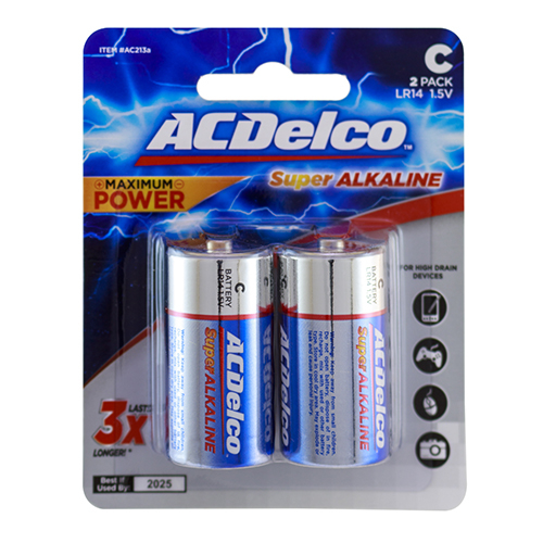 Al Sharhan Industries - ACDelco Alkaline C 1.5V Battery  2 pcs - Lasts 3X longer than other batteries    Performs better than the competition in high-drain and super high-drain devices    Long shelf life; holds power and will not vent or leak when stored in a cool, dry place    Contains no mercury or cadmium; safe for the home and better for the environment