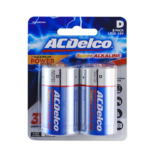 ACDelco Alkaline D 1.5V Battery  2 pcs - Lasts 3X longer than other batteries    Performs better than the competition in high-drain and super high-drain devices    Long shelf life; holds power and will not vent or leak when stored in a cool, dry place    Contains no mercury or cadmium; safe for the home and better for the environment