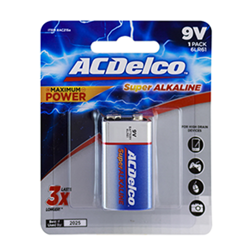 Al Sharhan Industries - ACDelco Alkaline 9V Battery  1 pc - Lasts 3X longer than other batteries    Performs better than the competition in high-drain and super high-drain devices    Long shelf life; holds power and will not vent or leak when stored in a cool, dry place    Contains no mercury or cadmium; safe for the home and better for the environment