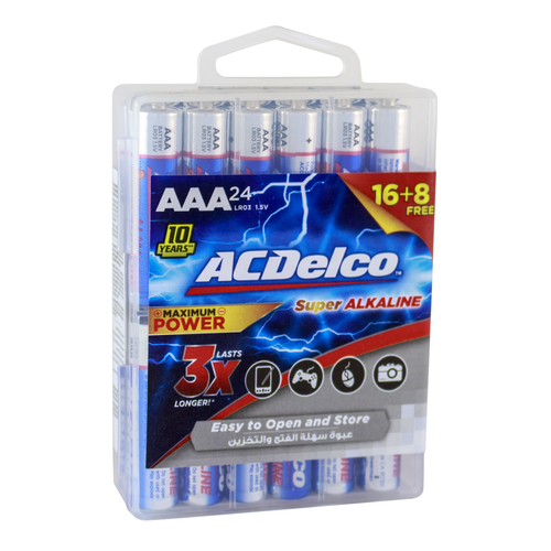 AC Delco Alkaline AAA - 24 promo Batteries 16+8 pcs Free - Lasts 3X longer than other batteries    Performs better than the competition in high-drain and super high-drain devices    Long shelf life; holds power and will not vent or leak when stored in a cool, dry place    Contains no mercury or cadmium; safe for the home and better for the environment