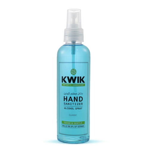 Al Sharhan Industries - KWIK Hand Sanitizer Spray Classic 190 ml - Kwik Hand Sanitizer Classic

    Overview:

    Simple, fast and effective, anti- microbial hand Sanitizer protects against
  germs.

    With no need for soap or water, 

    it’s a great hygiene solution for mums and families needing on the go protection,
  

    whilst leaving your hands feeling refreshed & non-sticky. 

    FEATURES (HIGHLIGHTS)
Kill’s germs 
Leaving your hands feeling refreshed & non-sticky
Simple, fast and effective