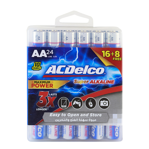 Al Sharhan Industries - AC Delco Alkaline AA-24 promo Batteries 16+8 pcs Free - Lasts 3X longer than other batteries    Performs better than the competition in high-drain and super high-drain devices    Long shelf life; holds power and will not vent or leak when stored in a cool, dry place    Contains no mercury or cadmium; safe for the home and better for the environment