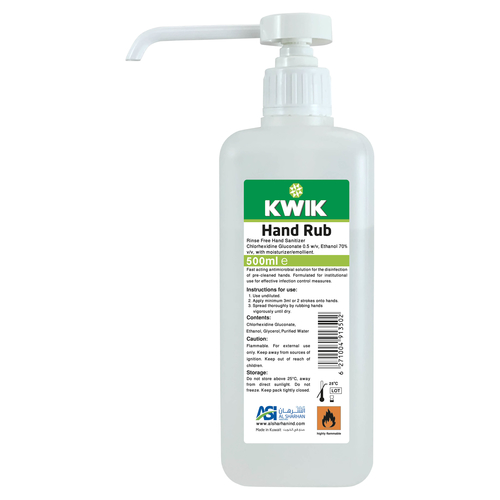 Al Sharhan Industries - KWIK Hand Rub 500 ml - Product
  Description:
Instant hand sanitizer intended for medical use and infection control
  measures.

    Product Features:
Sanitizer and contains hand emollients.
Contains: 0.5% chlorhexidine, 70% ethanol as recommended by the US
  National Environment Agency (US-NEA) to combat COVID-19 virus.
The only product approved by the Ministry of Health. 

    How to use:
To be used without dilution.
Add 3 servings of the product or (6 ml).
Rub it on hands until it dries