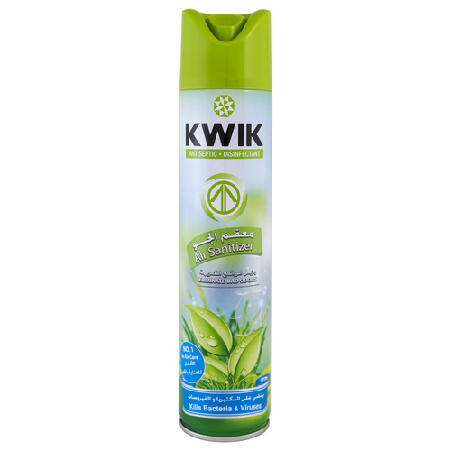 Al Sharhan Industries - KWIK Air Sanitizer 300 ml - KWIK AIR SANITIZER
Does not only mask bad odours but counteracts odours cause by bacteria and
  neutralizes offending odours

     of cigarette smoke, kitchen,
  toilets, garbage, etc. 

    FEATURES (HIGHLIGHTS)
Eliminate odours and keep your house smelling fresh.
Leaves your home smelling fresh and clean.
Freshens the air and smoothens the life 
Brings an instant burst of freshness in any room of your home. 

    DIRECTIONS:.
Hold can upright, press button and spray toward center of room.
Complies with AOAC (1990) standards for testing sanitizing sprays.