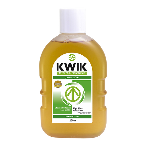 KWIK Antiseptic Disinfectant 250 ml - KWIK Antiseptic Disinfectant is Radial Walker coefficient 3 – ideal for medical use, treatment of cuts, bites, abrasions and insect stings, personal hygiene and household 
- it contains “Chloroxylenol (DCMX)” as recommended by the US-NEA against (COVID-19).
Registered in ministry of health- Kuwait