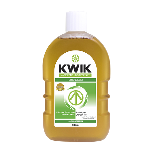 KWIK Antiseptic Disinfectant 500 ml - KWIK Antiseptic Disinfectant is Radial Walker coefficient 3 – ideal for medical use, treatment of cuts, bites, abrasions and insect stings, personal hygiene and household 
- it contains “Chloroxylenol (DCMX)” as recommended by the US-NEA against (COVID-19).
Registered in ministry of health- Kuwait