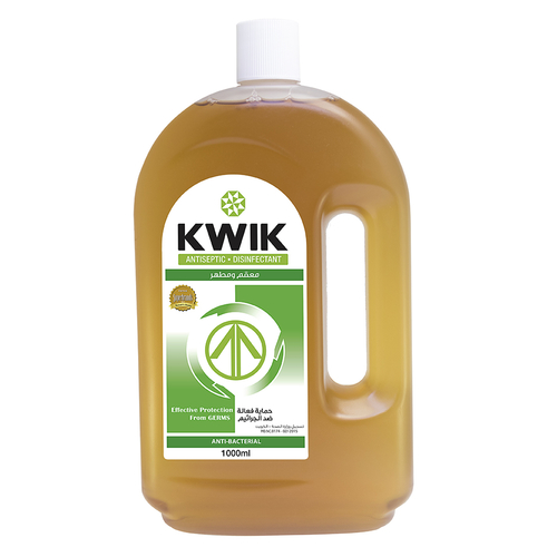 KWIK Antiseptic Disinfectant 1 Ltr - KWIK Antiseptic Disinfectant is Radial Walker coefficient 3 – ideal for medical use, treatment of cuts, bites, abrasions and insect stings, personal hygiene and household 
- it contains “Chloroxylenol (DCMX)” as recommended by the US-NEA against (COVID-19).
Registered in ministry of health- Kuwait