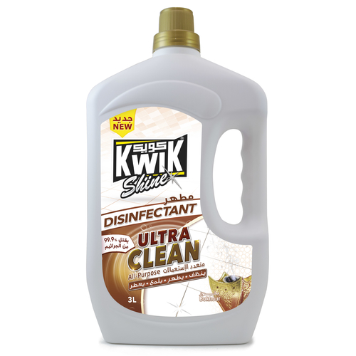 KWIK  Ultra Clean Disinfectant Bokhour 3 Ltr - KWIK Ultra clean is a premium multipurpose cleaner and disinfectant, highly effective to deodorize and polish hard surfaces and floors, kills 99.9% of germs and prevent spreading.   
- it contains “Benzalkonium Chloride” as recommended by the US-NEA against (COVID-19)