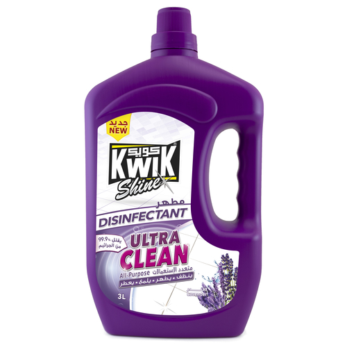 Al Sharhan Industries - KWIK Ultra Clean Disinfectant Lavender 3 Ltr - KWIK Ultra clean is a premium multipurpose cleaner and disinfectant, highly effective to deodorize and polish hard surfaces and floors, kills 99.9% of germs and prevent spreading.   
- it contains “Benzalkonium Chloride” as recommended by the US-NEA against (COVID-19)