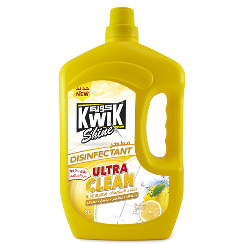 KWIK Ultra Clean Disinfectant Lemon 3 Ltr - KWIK Ultra clean is a premium multipurpose cleaner and disinfectant, highly effective to deodorize and polish hard surfaces and floors, kills 99.9% of germs and prevent spreading.   
- it contains “Benzalkonium Chloride” as recommended by the US-NEA against (COVID-19)