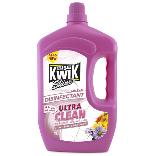 Al Sharhan Industries - KWIK Ultra Clean Disinfectant Flowers 3 Ltr - KWIK Ultra clean is a premium multipurpose cleaner and disinfectant, highly effective to deodorize and polish hard surfaces and floors, kills 99.9% of germs and prevent spreading.   
- it contains “Benzalkonium Chloride” as recommended by the US-NEA against (COVID-19)