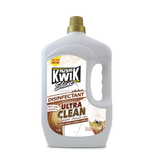 Al Sharhan Industries - KWIK Ultra Clean Disinfectant Bokhour 1.5 Ltr - KWIK Ultra clean is a premium multipurpose cleaner and disinfectant, highly effective to deodorize and polish hard surfaces and floors, kills 99.9% of germs and prevent spreading.   
- it contains “Benzalkonium Chloride” as recommended by the US-NEA against (COVID-19)