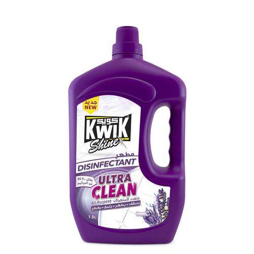 Al Sharhan Industries - KWIK Ultra Clean Disinfectant Lavender 1.5 Ltr - KWIK Ultra clean is a premium multipurpose cleaner and disinfectant, highly effective to deodorize and polish hard surfaces and floors, kills 99.9% of germs and prevent spreading.   
- it contains “Benzalkonium Chloride” as recommended by the US-NEA against (COVID-19)