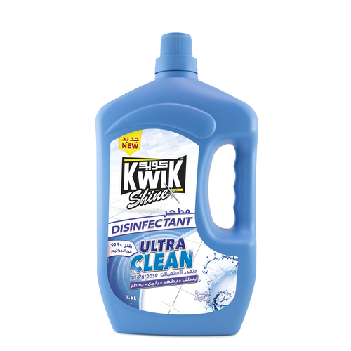 KWIK Ultra Clean Disinfectant Aqua 1.5 Ltr - KWIK Ultra clean is a premium multipurpose cleaner and disinfectant, highly effective to deodorize and polish hard surfaces and floors, kills 99.9% of germs and prevent spreading.   
- it contains “Benzalkonium Chloride” as recommended by the US-NEA against (COVID-19)