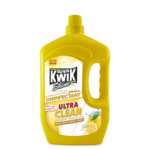 Al Sharhan Industries - KWIK Ultra Clean Disinfectant Lemon 1.5 Ltr - KWIK Ultra clean is a premium multipurpose cleaner and disinfectant, highly effective to deodorize and polish hard surfaces and floors, kills 99.9% of germs and prevent spreading.   
- it contains “Benzalkonium Chloride” as recommended by the US-NEA against (COVID-19)