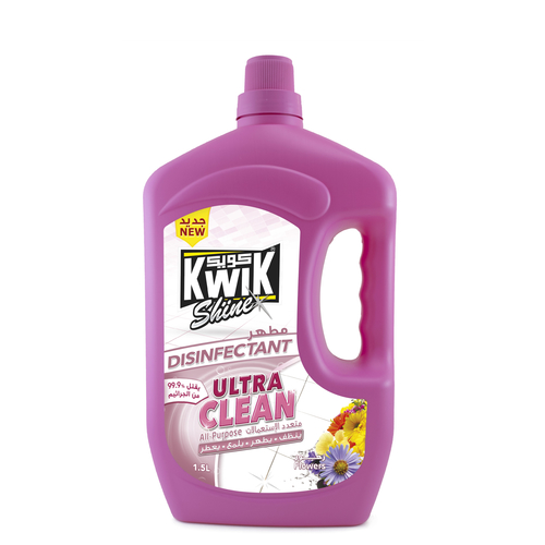 KWIK Ultra Clean Disinfectant Flowers 1.5 Ltr - KWIK Ultra clean is a premium multipurpose cleaner and disinfectant, highly effective to deodorize and polish hard surfaces and floors, kills 99.9% of germs and prevent spreading.   
- it contains “Benzalkonium Chloride” as recommended by the US-NEA against (COVID-19)