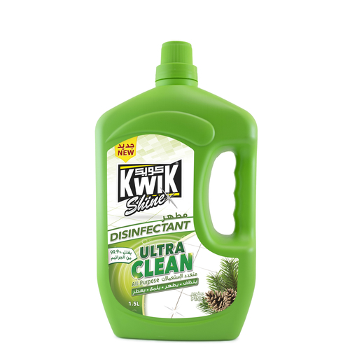 KWIK Ultra Clean Disinfectant Pine 1.5 Ltr - KWIK Ultra clean is a premium multipurpose cleaner and disinfectant, highly effective to deodorize and polish hard surfaces and floors, kills 99.9% of germs and prevent spreading.   
- it contains “Benzalkonium Chloride” as recommended by the US-NEA against (COVID-19)