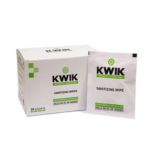 KWIK Sanitizing Wipes (With Alcohol) 20 sachets - KWIK SANITIZING  WIPES 
  

    OVERVIEW:

    Chlorhexidine and ethanol are highly effective disinfectants widely used in
  health-care settings. 

    FEATURES:
Ideal for immediate sterilization of hands or even small surfaces and
  equipment.
Use at home, in the car or office.
Super-soft healthy texture.
Kills 99% of germs.