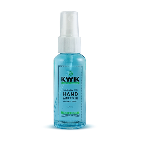 KWIK Hand Sanitizer Spray Classic 50 ml - Kwik Hand Sanitizer Classic

    Overview:

    Simple, fast and effective, anti- microbial hand Sanitizer protects against
  germs.

    With no need for soap or water, 

    it’s a great hygiene solution for mums and families needing on the go protection,
  

    whilst leaving your hands feeling refreshed & non-sticky. 

    FEATURES (HIGHLIGHTS)
Kill’s germs 
Leaving your hands feeling refreshed & non-sticky
Simple, fast and effective