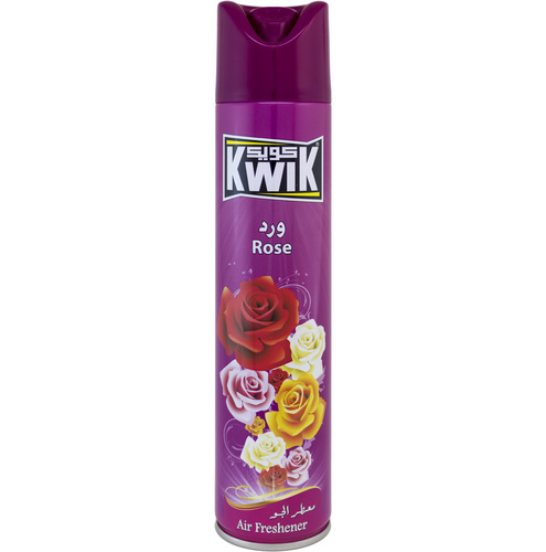 Al Sharhan Industries - KWIK Rose A/F 300 ml - KWIK AIR FRESHNER 
Special mixture of KWIK leaves a fresh and cool pleasant fragrance in the air (available in other unique fragrances) 
Kwik Air Freshener add a beautiful scent to any room in your home 
FEATURES: Leaves your home smelling fresh and clean.
Freshens the air and smoothens the life
Brings an instant burst of freshness in any room of your home. 
DIRECTIONS:
Hold can upright, press button and spray toward center of room.